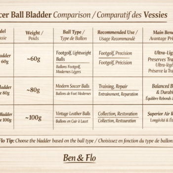 Tableau comparatif des vessies de ballons de football et de footgolf selon le type de ballon, le poids, la pression recommandée et la compatibilité avec les ballons cousus main ou thermocollés, permettant de choisir la bonne vessie de réparation pour un ballon de footgolf ou un ballon moderne