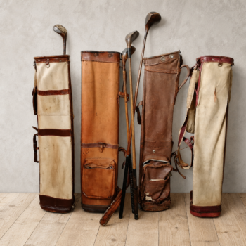 Anciens sacs de golf vintage en toile et cuir avec clubs en bois