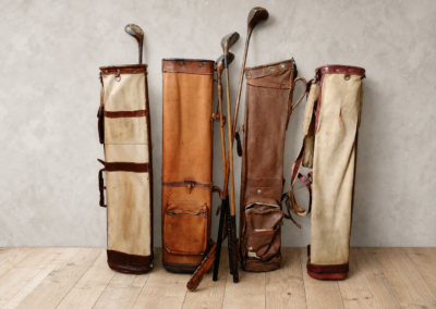 Anciens sacs de golf vintage en toile et cuir avec clubs en bois