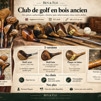 Club de golf en bois ancien : shaft acier, shaft bois, plaque en laiton, rénovation et gravure personnalisée