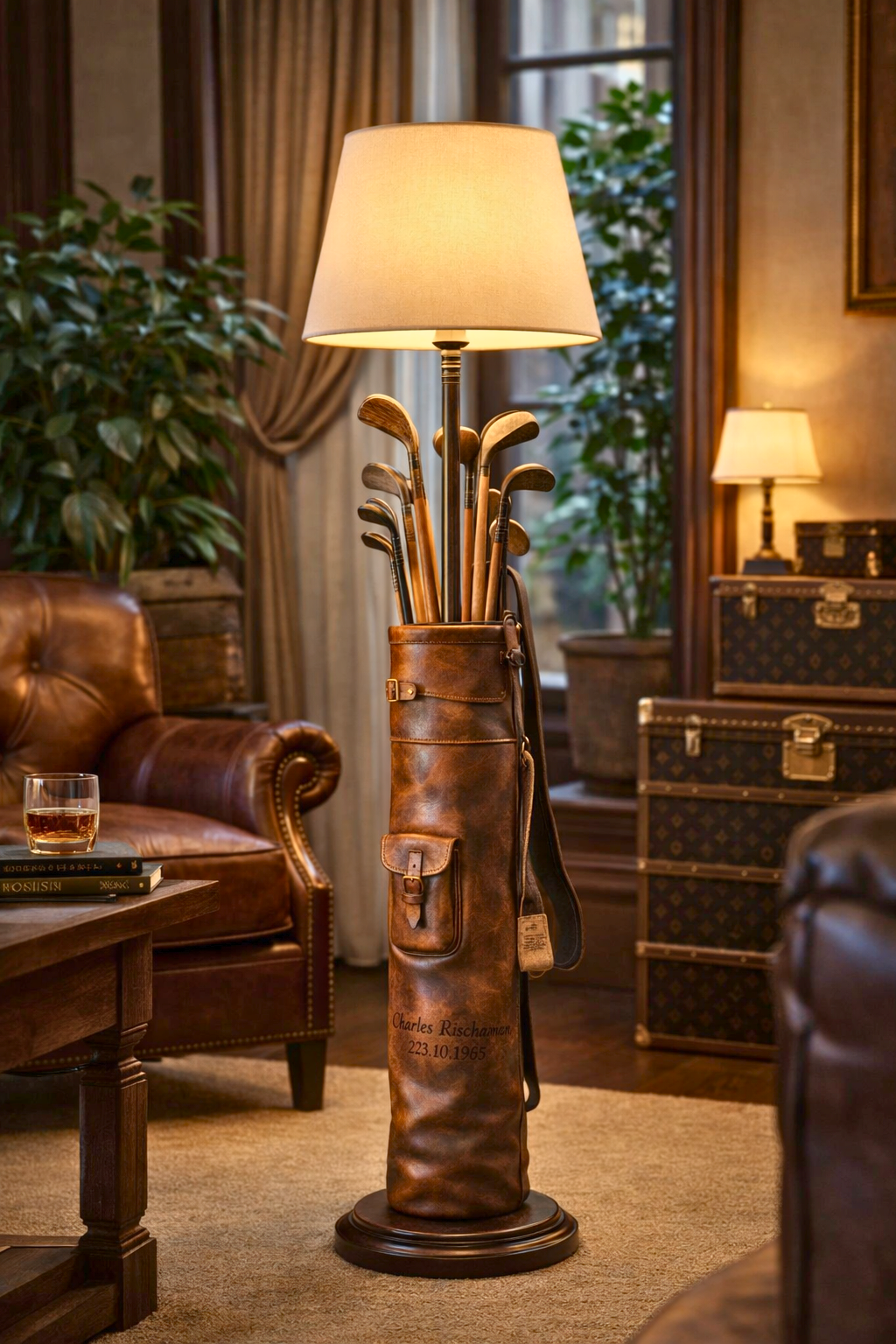Lampe réalisée avec un sac de golf vintage en cuir et clubs de golf anciens en bois dans un salon style club house
