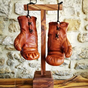 Gants de boxe en cuir pas cher installé sur un support en bois