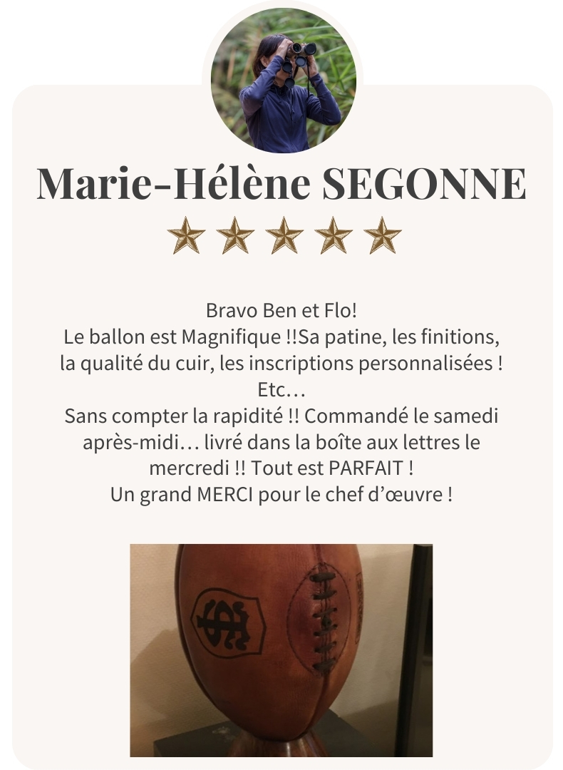 Avis client ballon rugby cuir personnalisé avec inscriptions et finitions premium