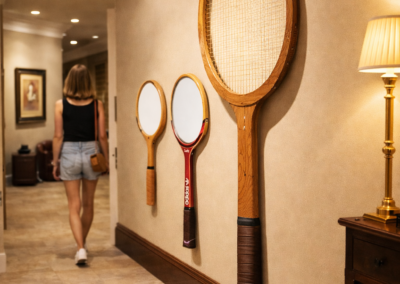 raquette de tennis géante décoration murale hôtel luxe raquette tennis bois XXL décoration intérieure tennis