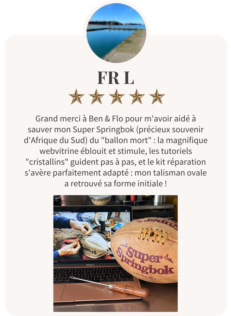 Avis client réparation ballon rugby vintage Springboks avec kit réparation et tutoriel Ben & Flo