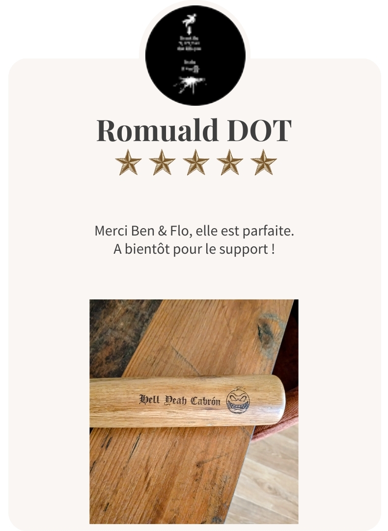 Avis client sur batte de baseball personnalisée avec gravure sur bois artisanale Ben & Flo