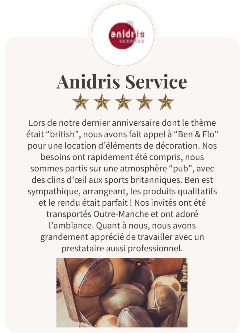 Avis client location décoration sport vintage avec ballons cuir pour événement ambiance pub british