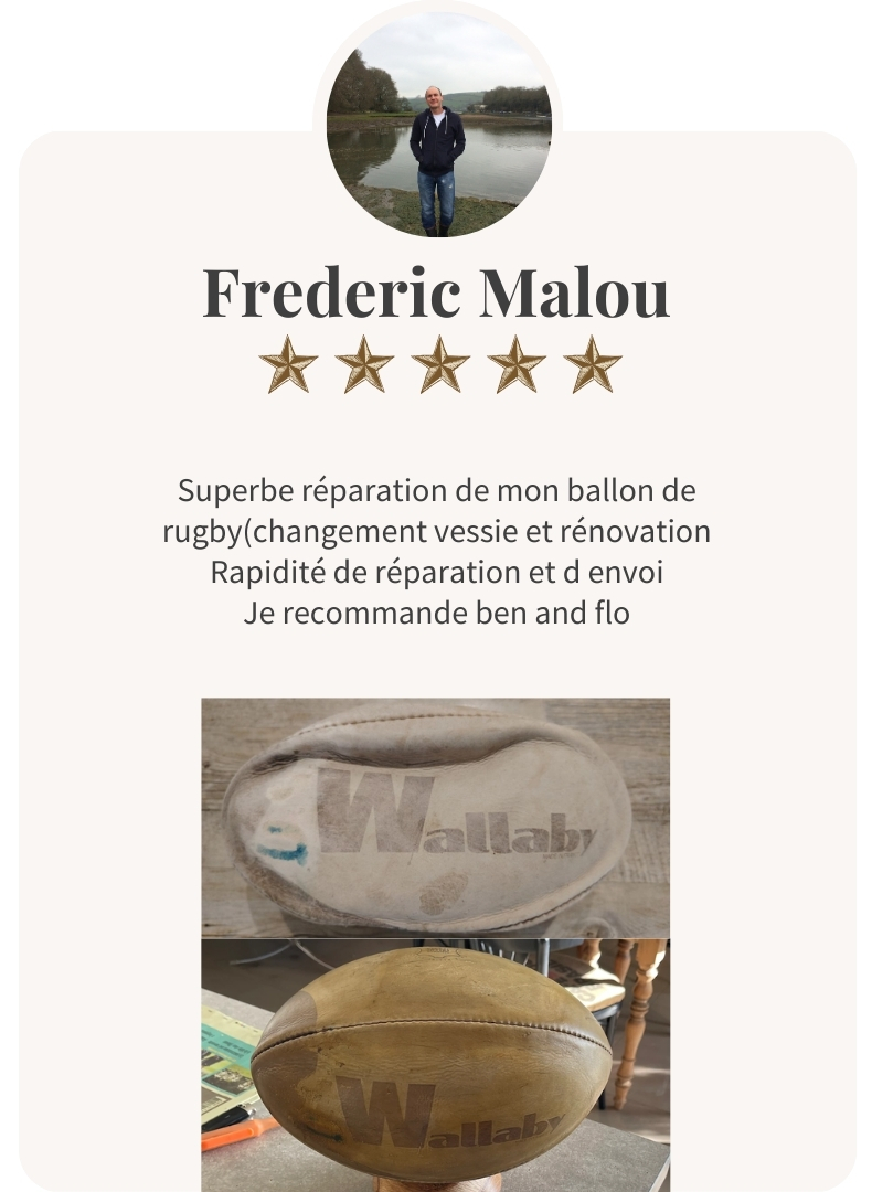 Avis client rénovation ballon rugby ancien avec remplacement de vessie et restauration cuir