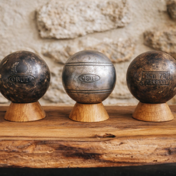 triplette boules de pétanque vintage sur socles bois chêne idée cadeau pétanque