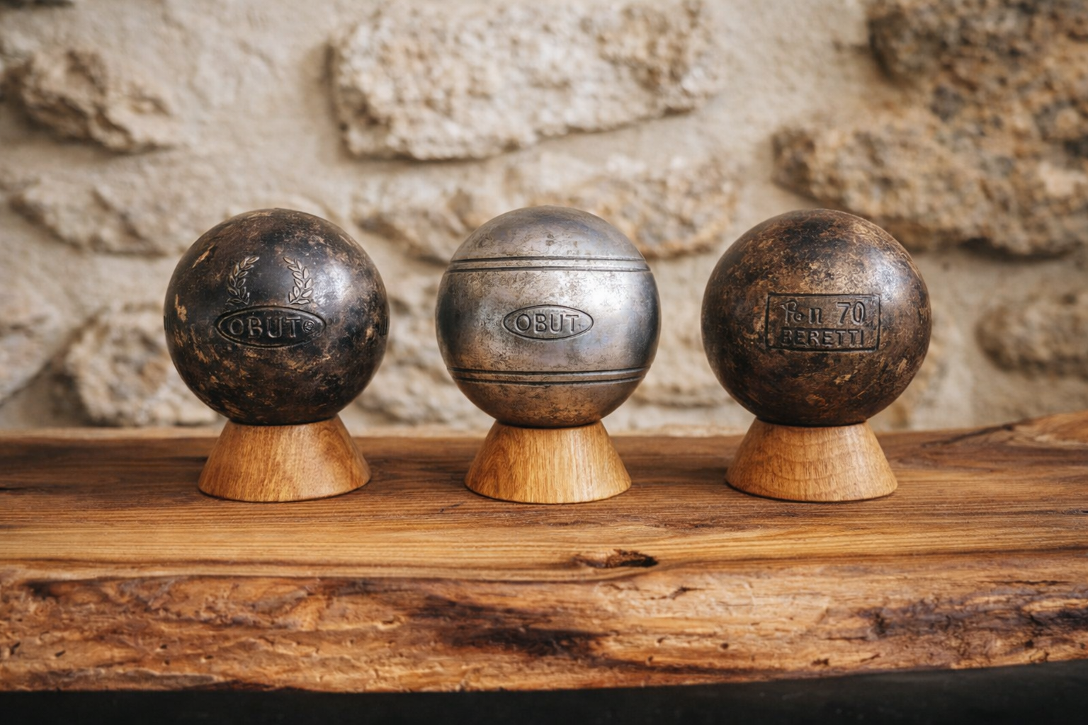triplette boules de pétanque vintage sur socles bois chêne idée cadeau pétanque