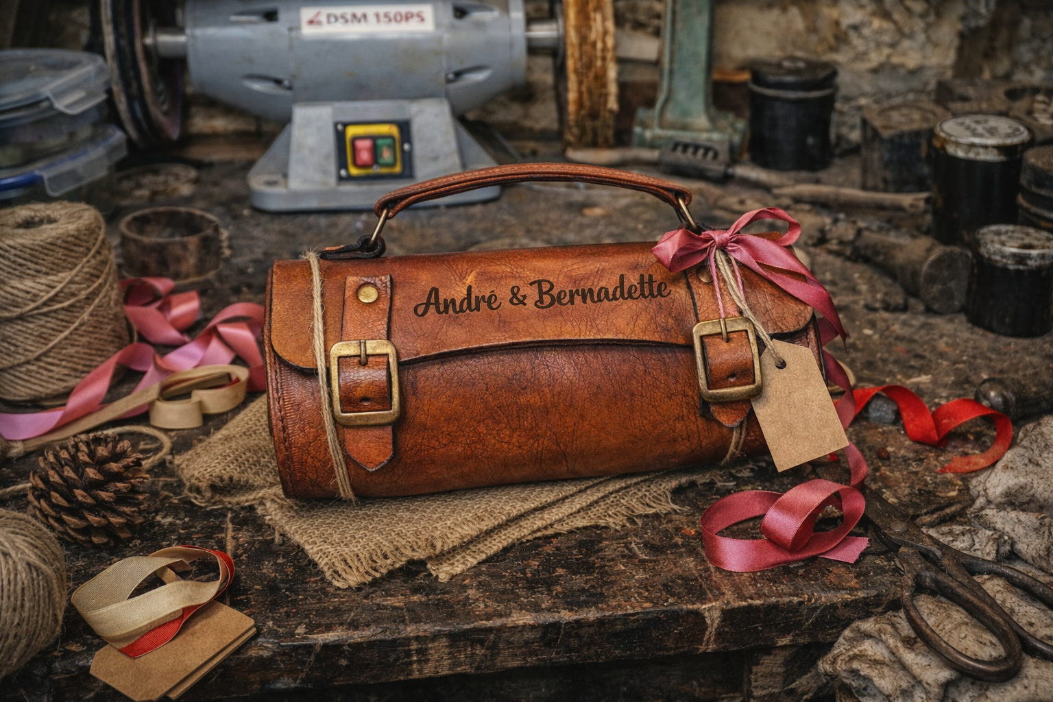 Sacoche de pétanque personnalisée en cuir avec gravure de prénoms, idée cadeau artisanale originale pour joueur de pétanque