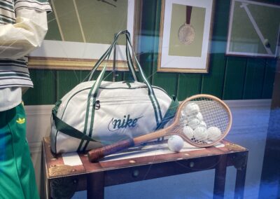 vintage wooden tennis rackets decoration Simons retail display