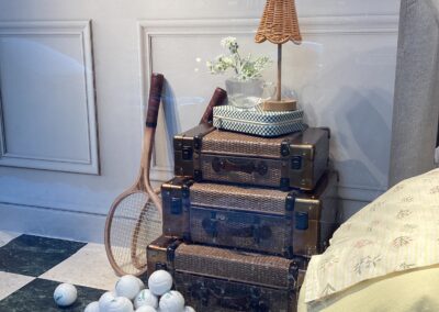 vintage tennis rackets display Simons Canada store window