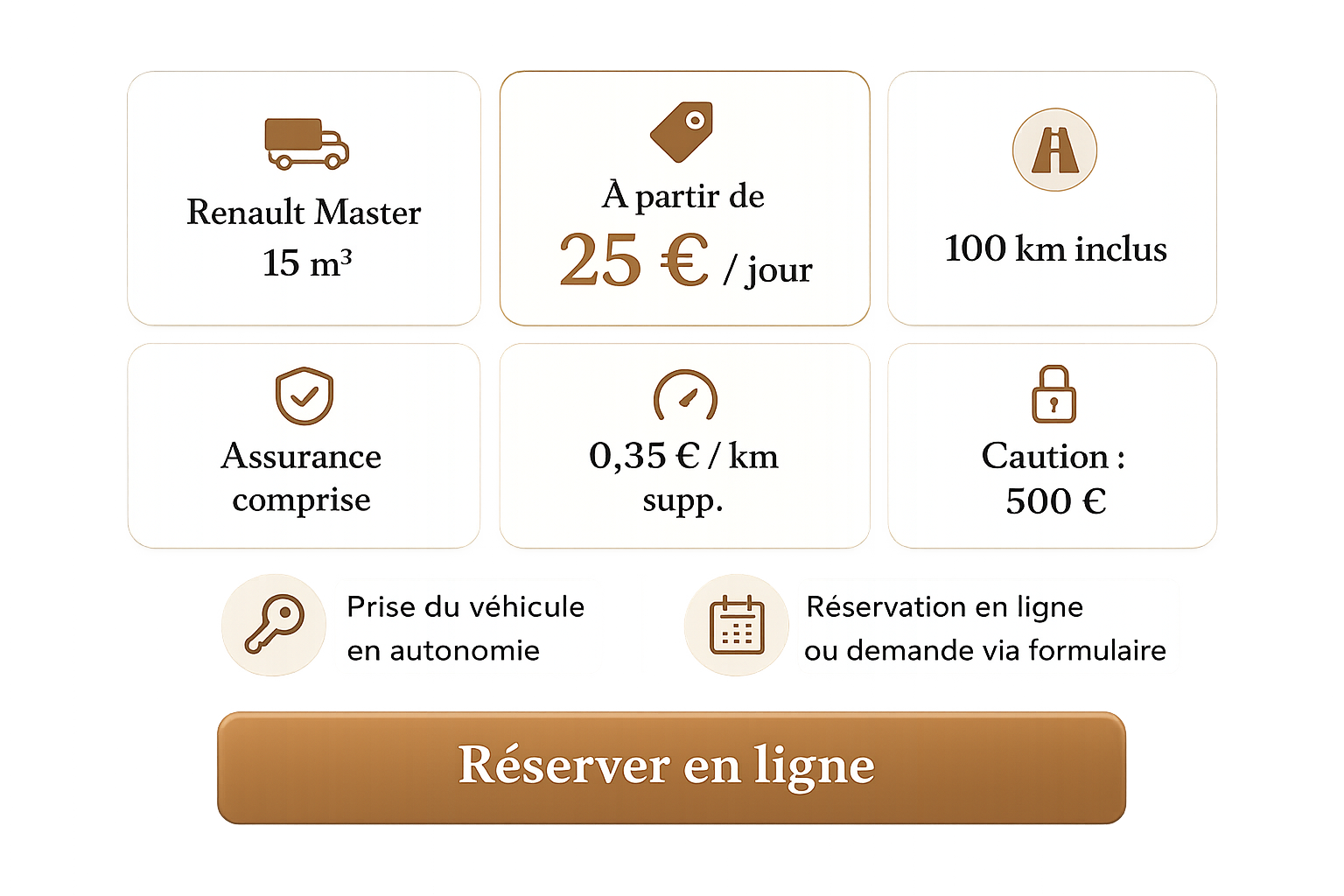 Location Renault Master 15 m³ à Audun-le-Roman dès 25 € par jour Bloc de réservation pour la location d’un Renault Master 15 m³ à Audun-le-Roman avec tarif à partir de 25 euros par jour, 100 km inclus, assurance comprise et caution de 500 euros
