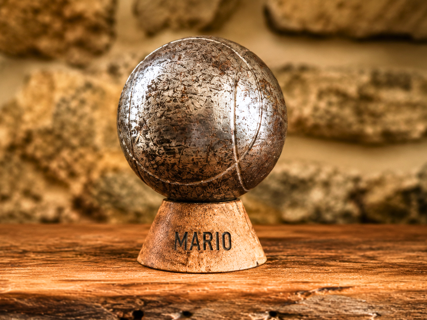 Socle boule de pétanque en bois personnalisé avec gravure MARIO et boule ancienne exposée sur une table en bois