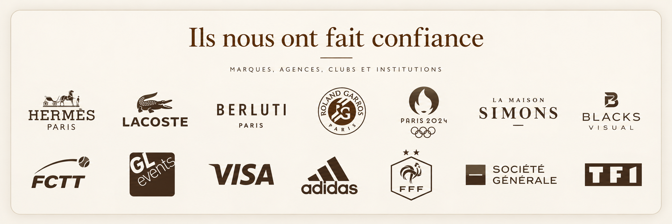 Logos de marques et organisations associées aux réalisations et projets Ben & Flo : Hermès, Lacoste, Berluti, Visa, Adidas, Société Générale, Simons et Blacks Visual.