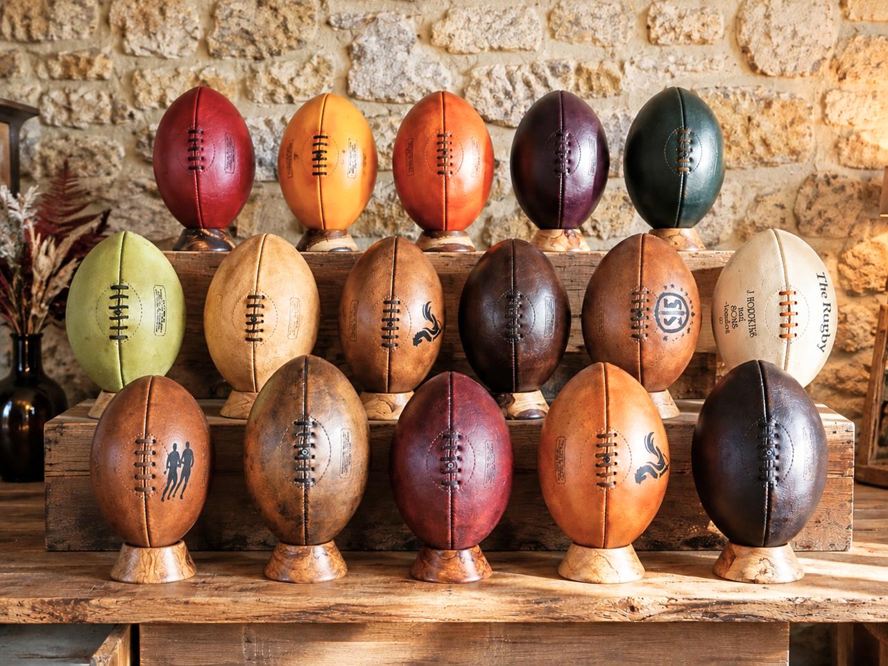 Collection de ballons de rugby vintage aux patines variées, exposés sur des socles en bois dans un atelier Ben&Flo.
