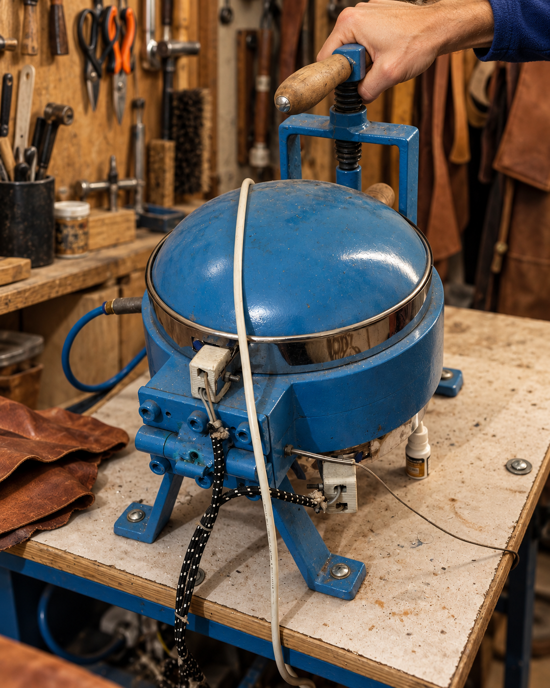 Main actionnant la poignée d'un moule métallique bleu utilisé pour la mise en forme des ballons dans un atelier de fabrication.